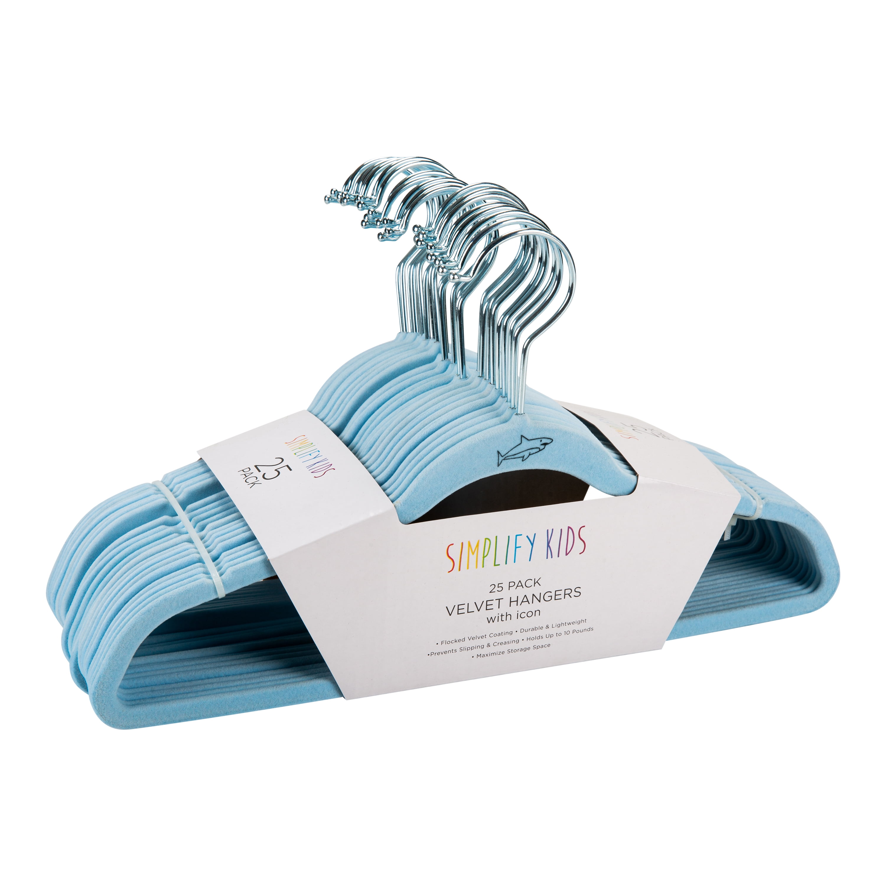 Simplify Kids 200 Pack Velvet Hangers with Shark Icon in Light Blue