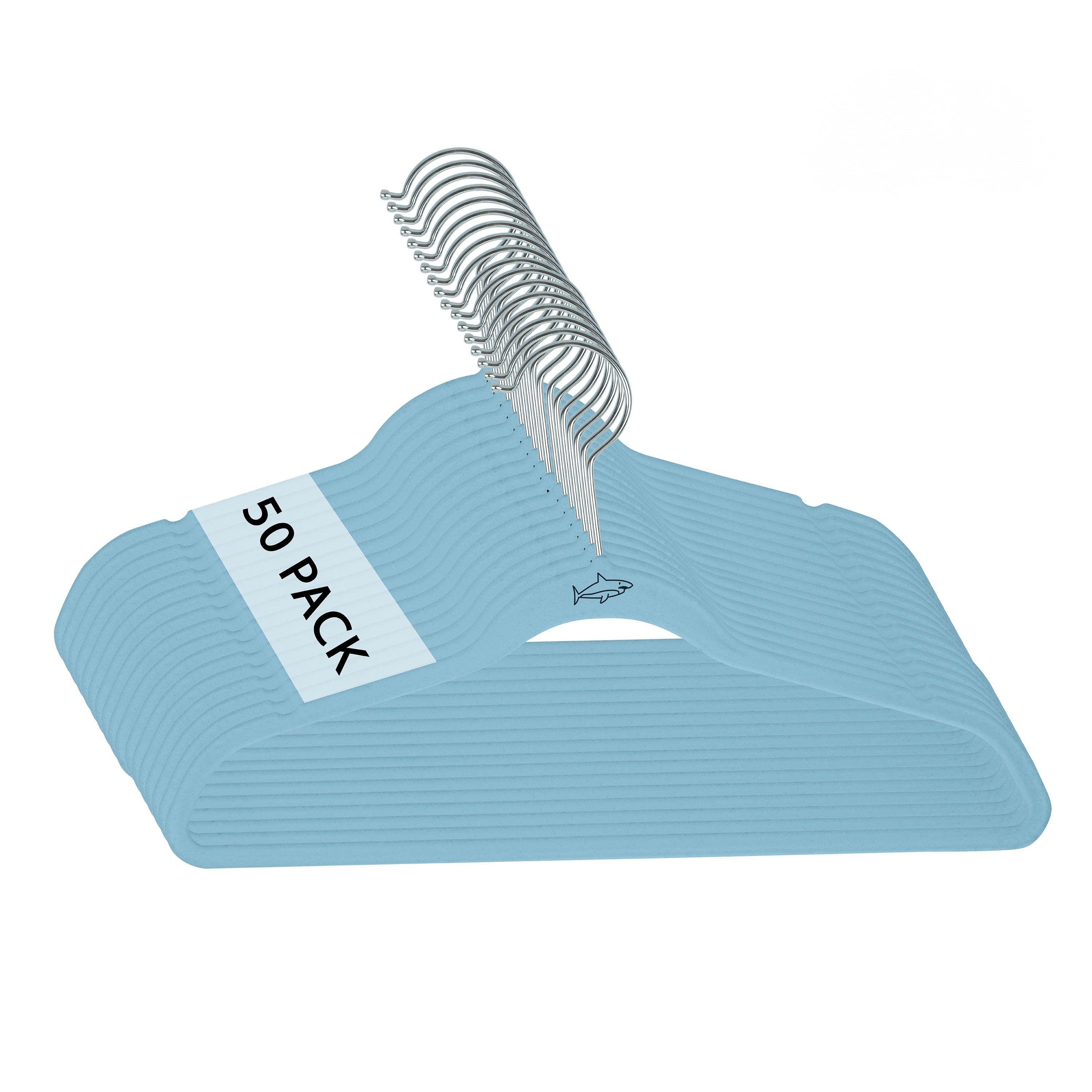 Simplify Kids 50 Pack Velvet Hangers with Shark Icon in Light Blue