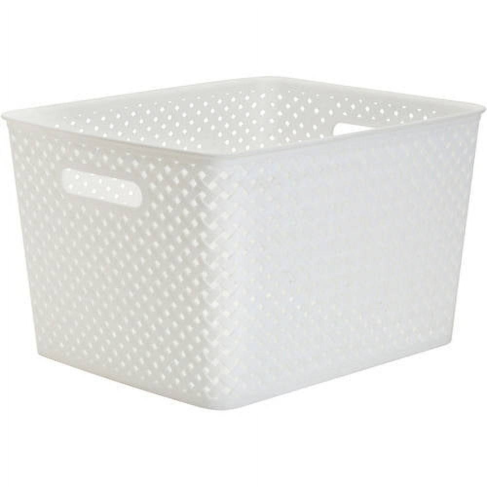 White Round Resin Wicker Storage Bin with Handles