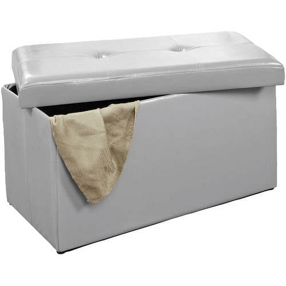 Classic Gray Faux Leather Folding Storage Ottoman Bench