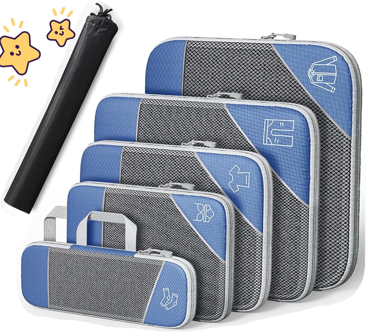 Simplify Living Compression Packing Cubes for Travel, Tripped Compression Packing, 5 Set Compressible, Travel Essentials (blue)