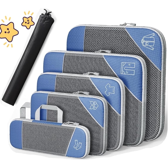 Simplify Living Compression Packing Cubes for Travel, Tripped Compression Packing, 5 Set Compressible, Travel Essentials (blue)