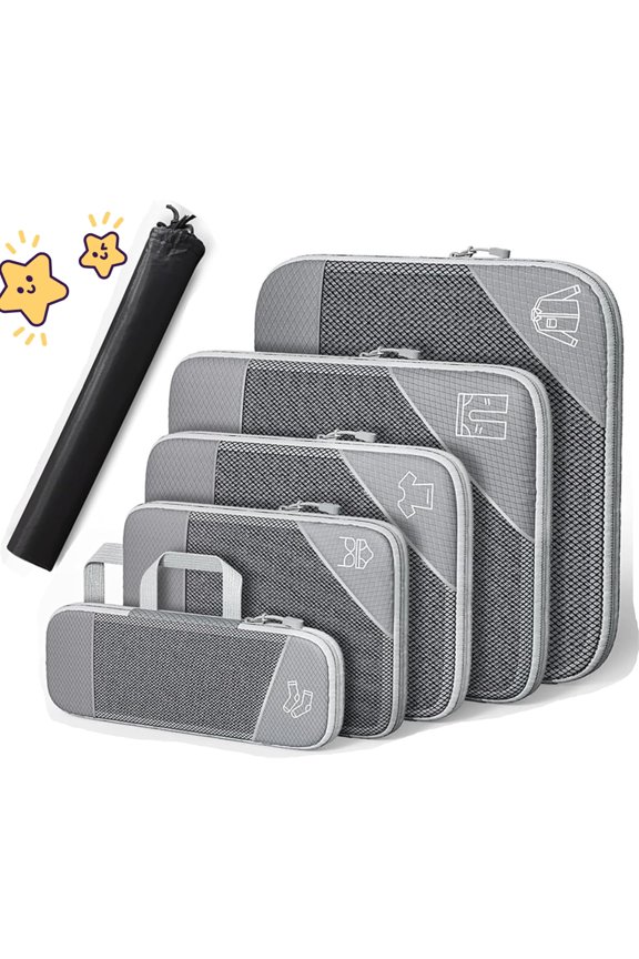 Simplify Living Compression Packing Cubes for Travel, Tripped Compression Packing, 5 Set Compressible, Travel Essentials (grey)