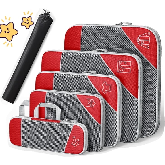 Simplify Living Compression Packing Cubes for Travel, Tripped Compression Packing, 5 Set Compressible, Travel Essentials (red)