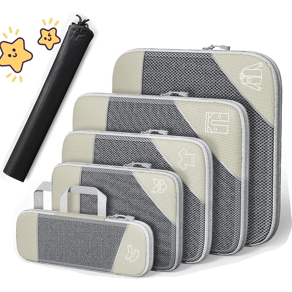 Simplify Living Compression Packing Cubes for Travel, Tripped Compression Packing, 5 Set Compressible, Travel Essentials (white)