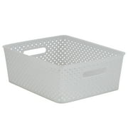 Simplify Medium Resin Plastic Wicker Storage Bin in White
