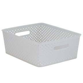 Simplify Medium Resin Plastic Wicker Storage Bin in White
