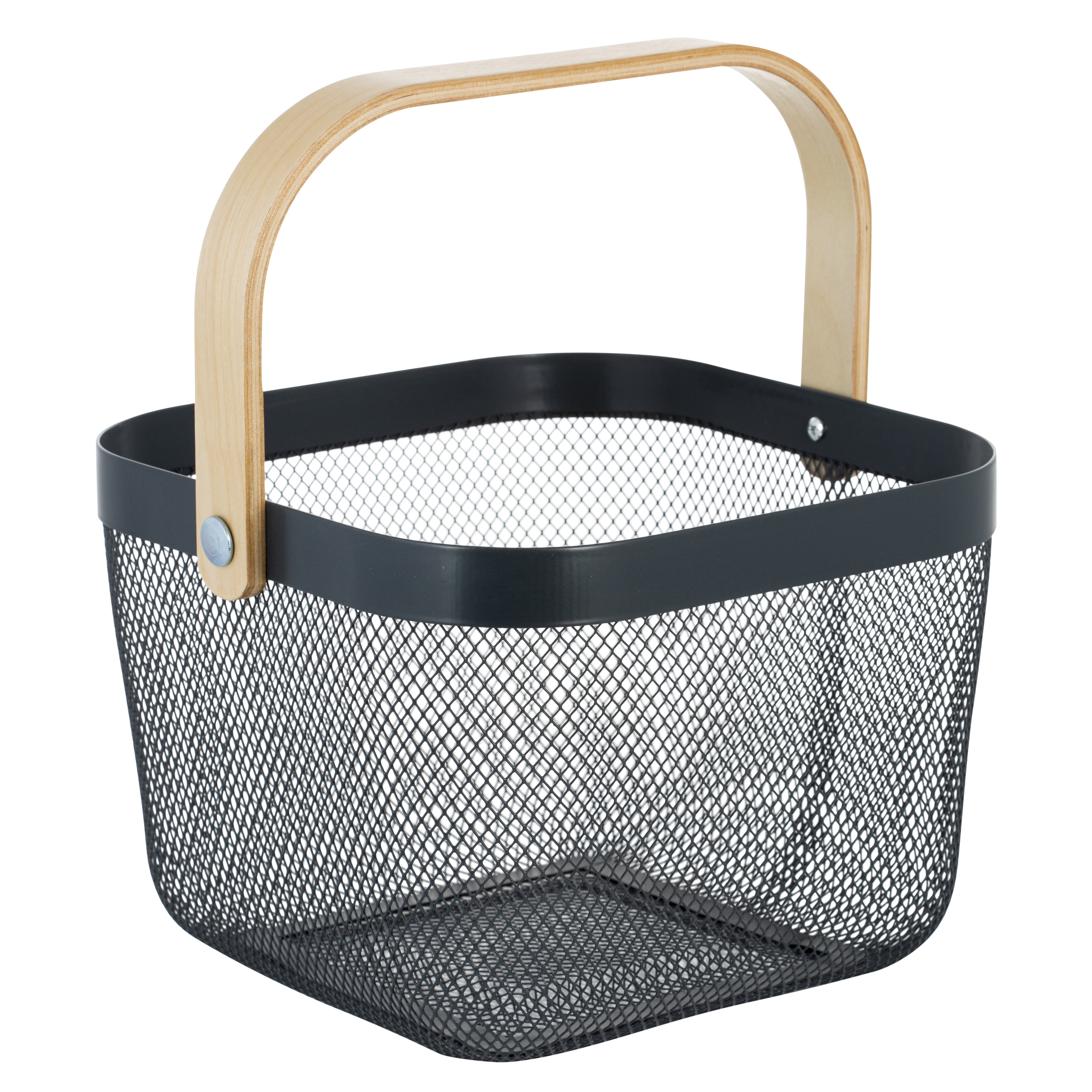 Gray Mesh Rectangular Storage Box with Bamboo Handle