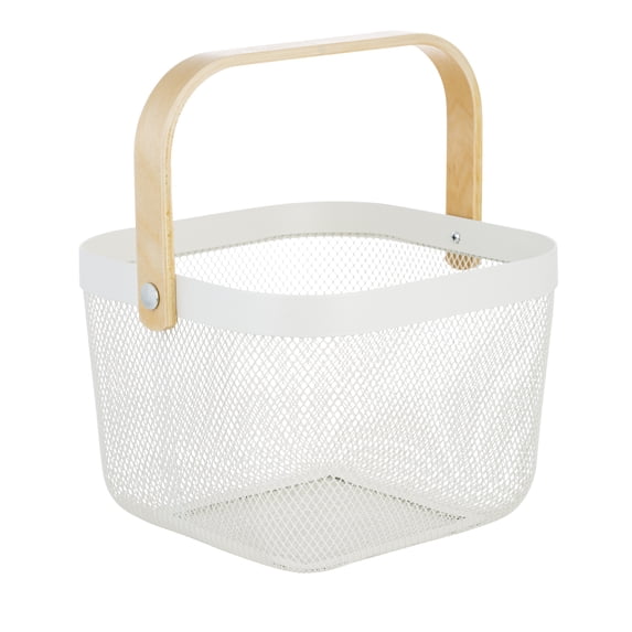 Simplify Mesh Decorative Storage Basket with Bamboo Handle, White