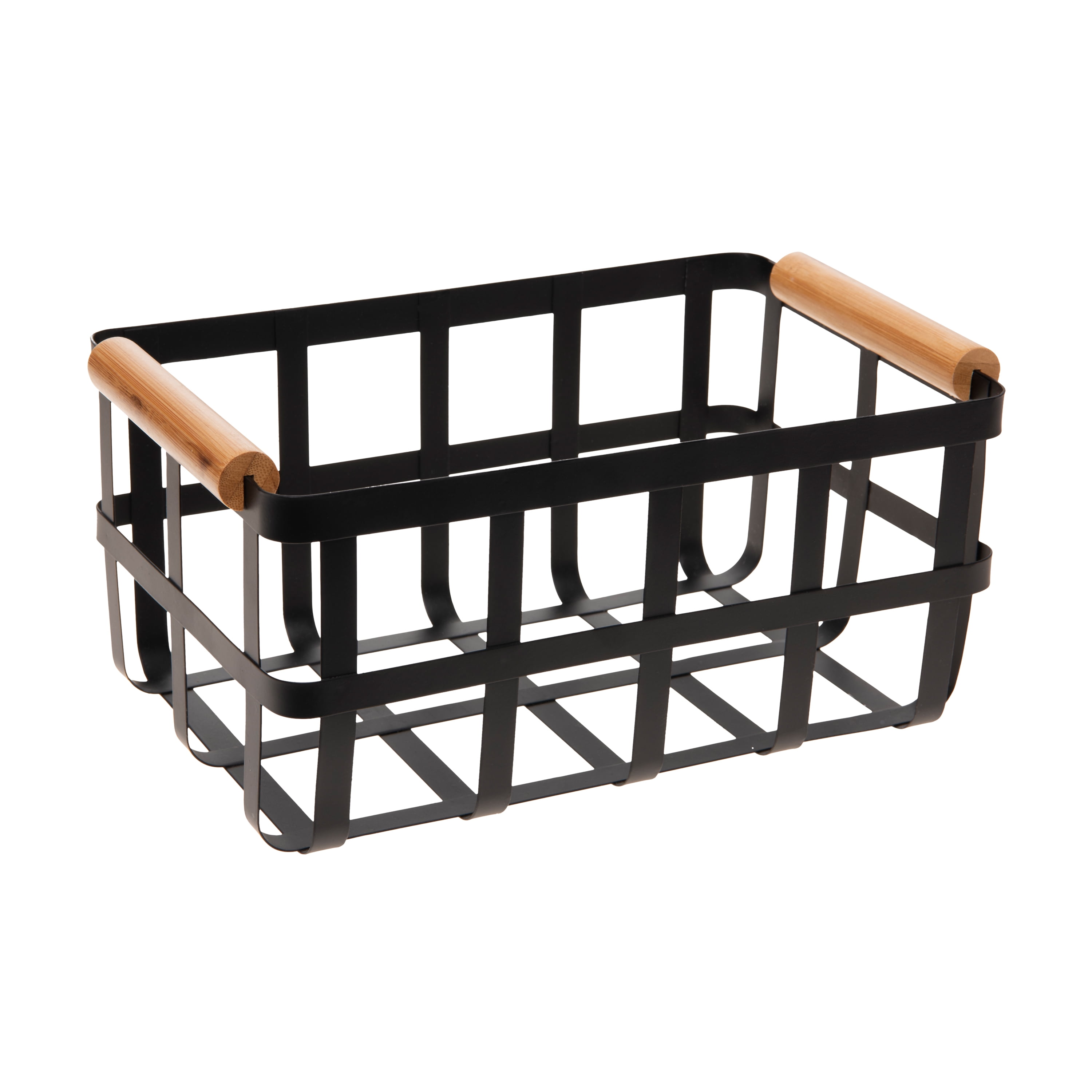 Black Rectangular Metal Storage Basket with Bamboo Handles