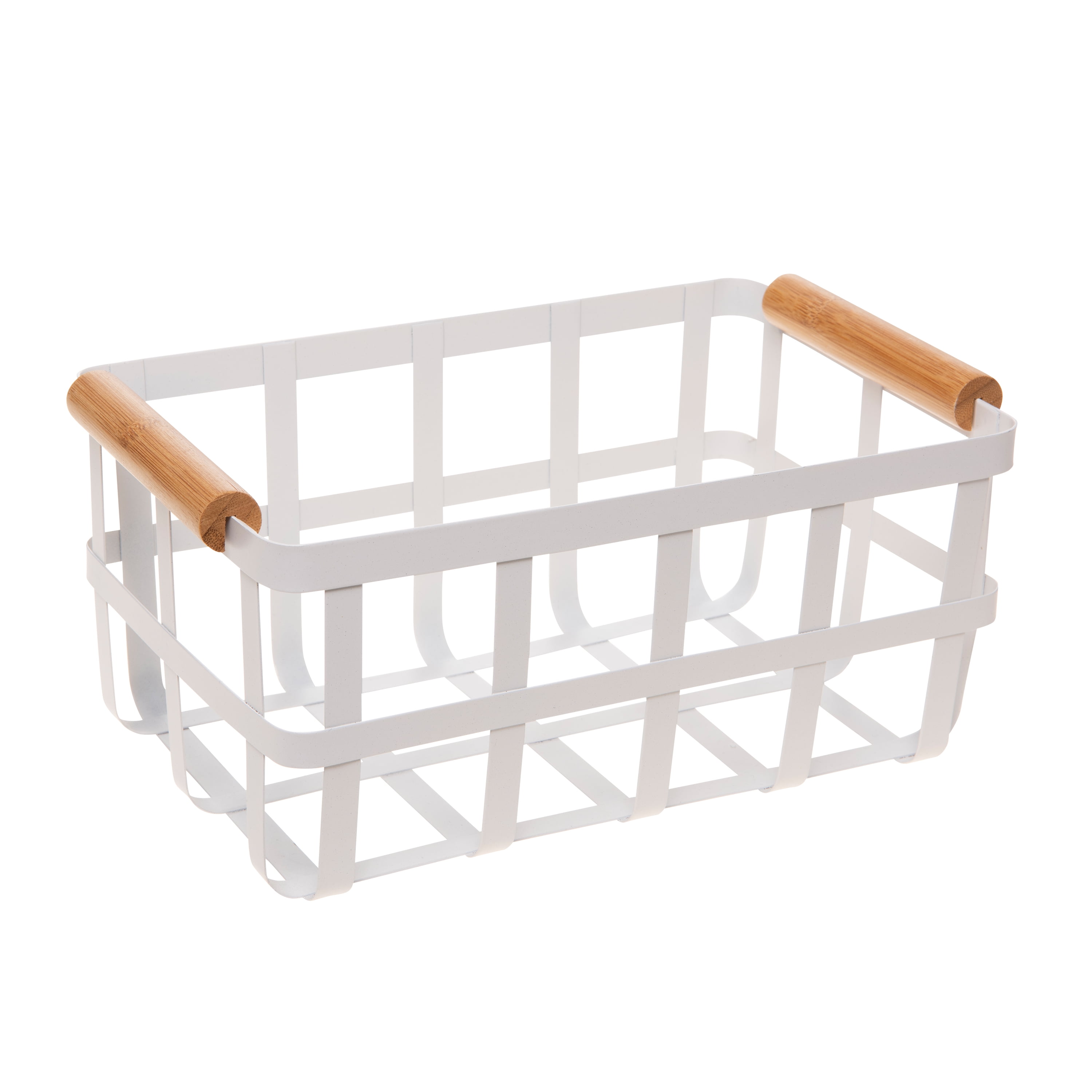 Large White Metal Storage Basket with Bamboo Handles
