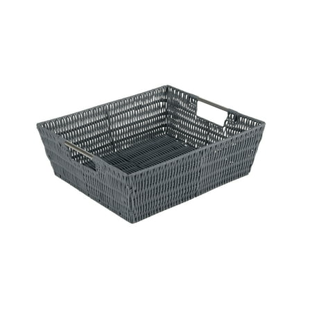 Simplify Shelf Built-in-Handles Rattan Storage Tote Basket, Charcoal
