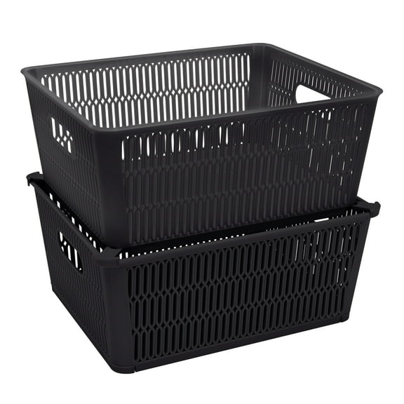 Simplify Slide 2 Stack It 2 Pack Plastic Storage Tote Baskets in Black