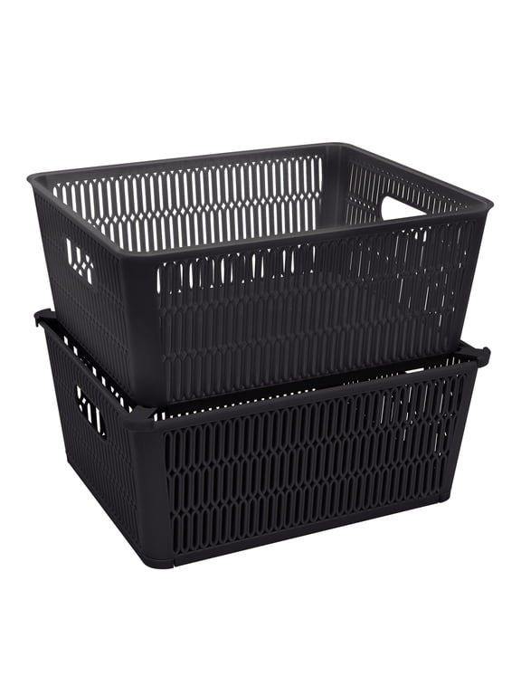 Slide 2 Stack It 2 Pack Plastic Storage Tote Baskets in Black