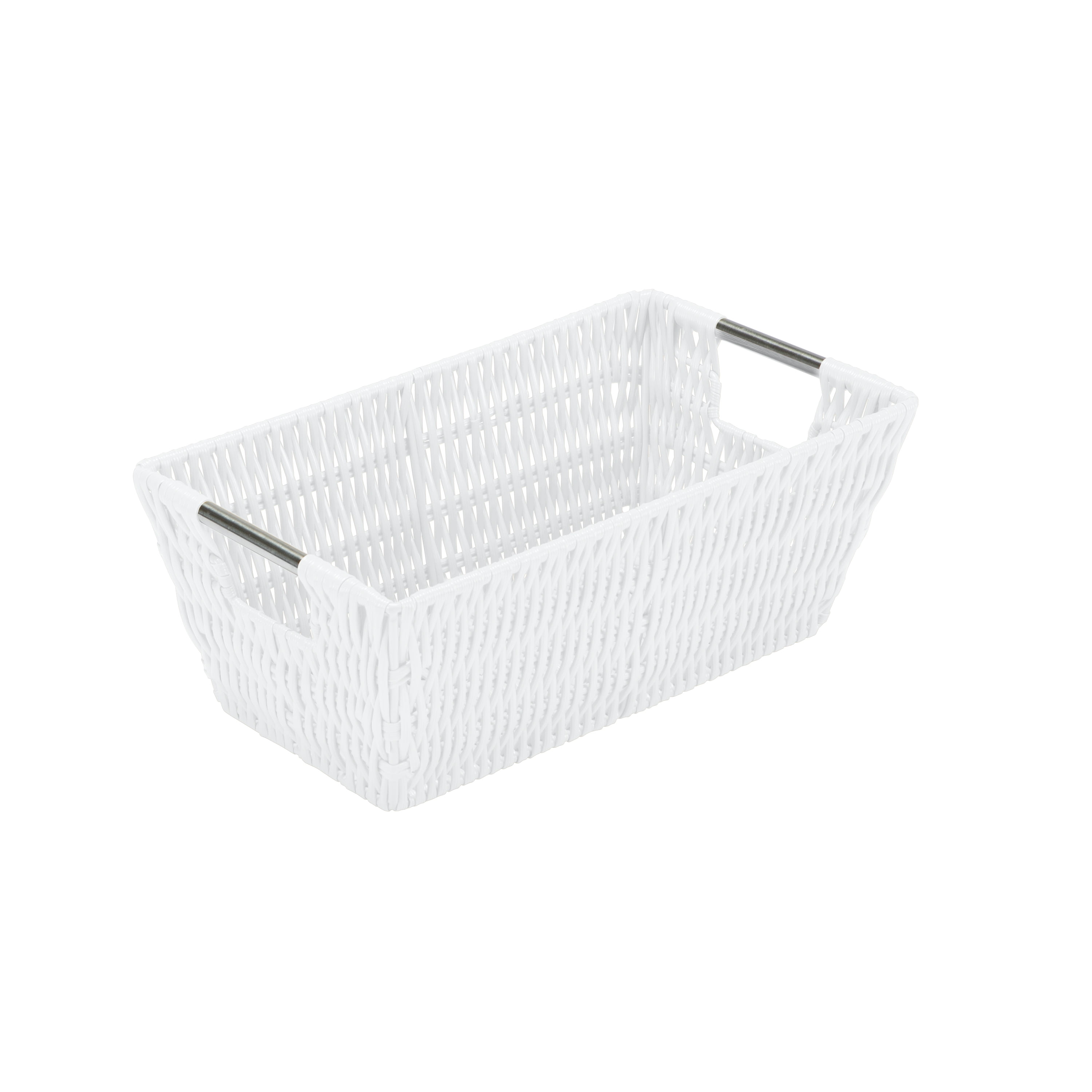 White Rectangular Rattan Storage Basket with Stainless Steel Handles
