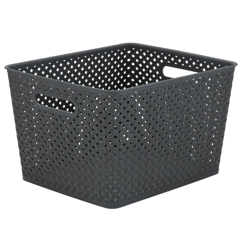 Resin Wicker Storage Tote, Small, Basket Weave, Grey