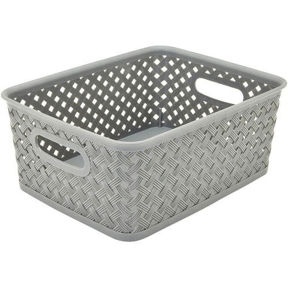 Gray Rectangular Resin Wicker Storage Bin with Handles