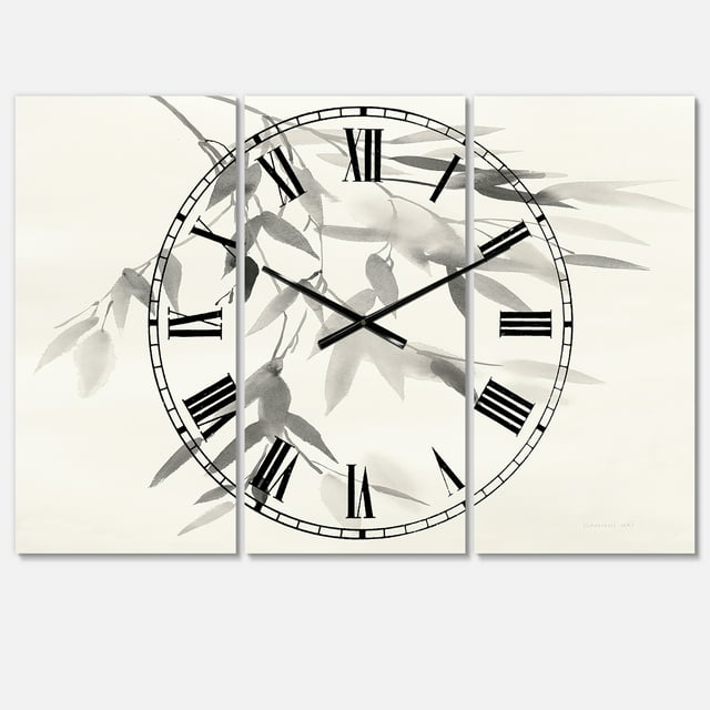 Simplist Bamboo Leaves IV' Cottage 3 Panels Oversized Metal Clock - 36 in. wide x 28 in. high - 3 panels