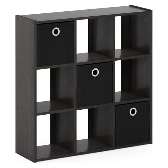 Simplistic 9-Cube Organizer with Bins, Small Size (Assembled unit dimensions : 7.9"D x 26.5"W x 26.7"H inches), Espresso/Black