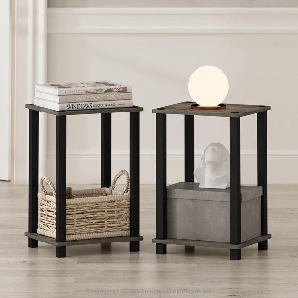 Simplistic Compact Bedside Table, Nightstand, French Oak/Black, Set of 2