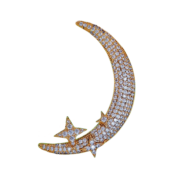 Simplistic Fashion Gold Tone CZ Trio Star Crescent Moon Brooch Pin for Unisex Jewelry