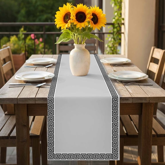 Simplistic Greek Geometric Black White Table Runner 36 Inches Long,Kitchen Dining Tablerunners Grey Linen Table Runners Dresser Scarves for Home Dinner Wedding Holiday Party Decor