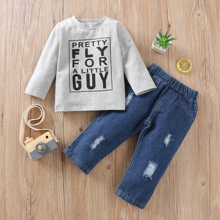 Simplmasygenix Baby Tops Set Summer Outfits Toddle Baby Kids Boys Print  Pullover Tops+Ripped Jeans Set Outfits Clothes