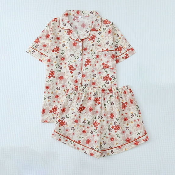 Wensltd Lightweight Pajamas Set for Women Lapel Short Sleeve Tops and Shorts Sleepwear Sets with Pockets