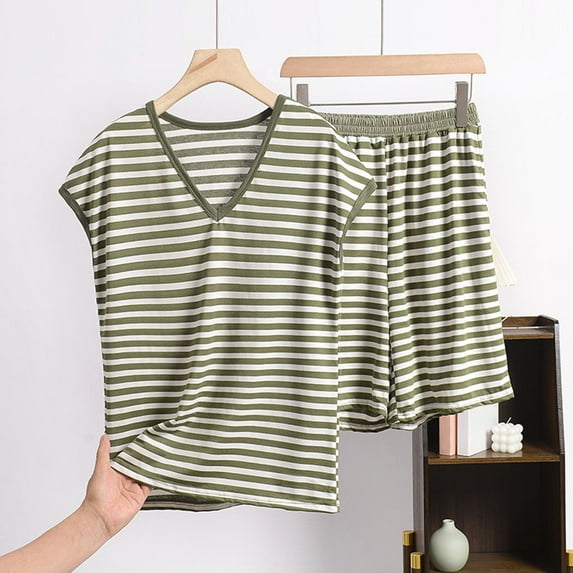 Wensltd Lightweight Pajamas for Women Sets 2 Piece Summer Soft Stripe Short Sleeve Sleepwear