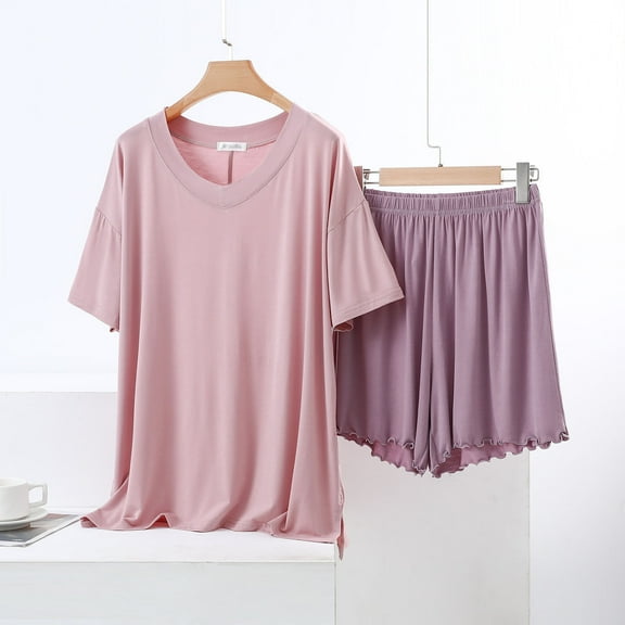 Wensltd Lightweight Pajamas for Women Summer Soft Loose Short Sleeve Sleepwear Sets 2 Piece