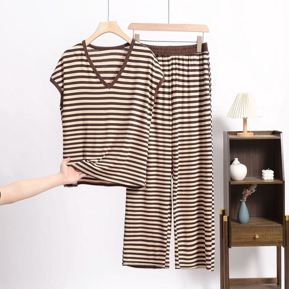 Wensltd Lounge Sets for Women Comfy Pajamas Set 2 Piece Outfits Short Sleeve Tops and Wide Leg Pants