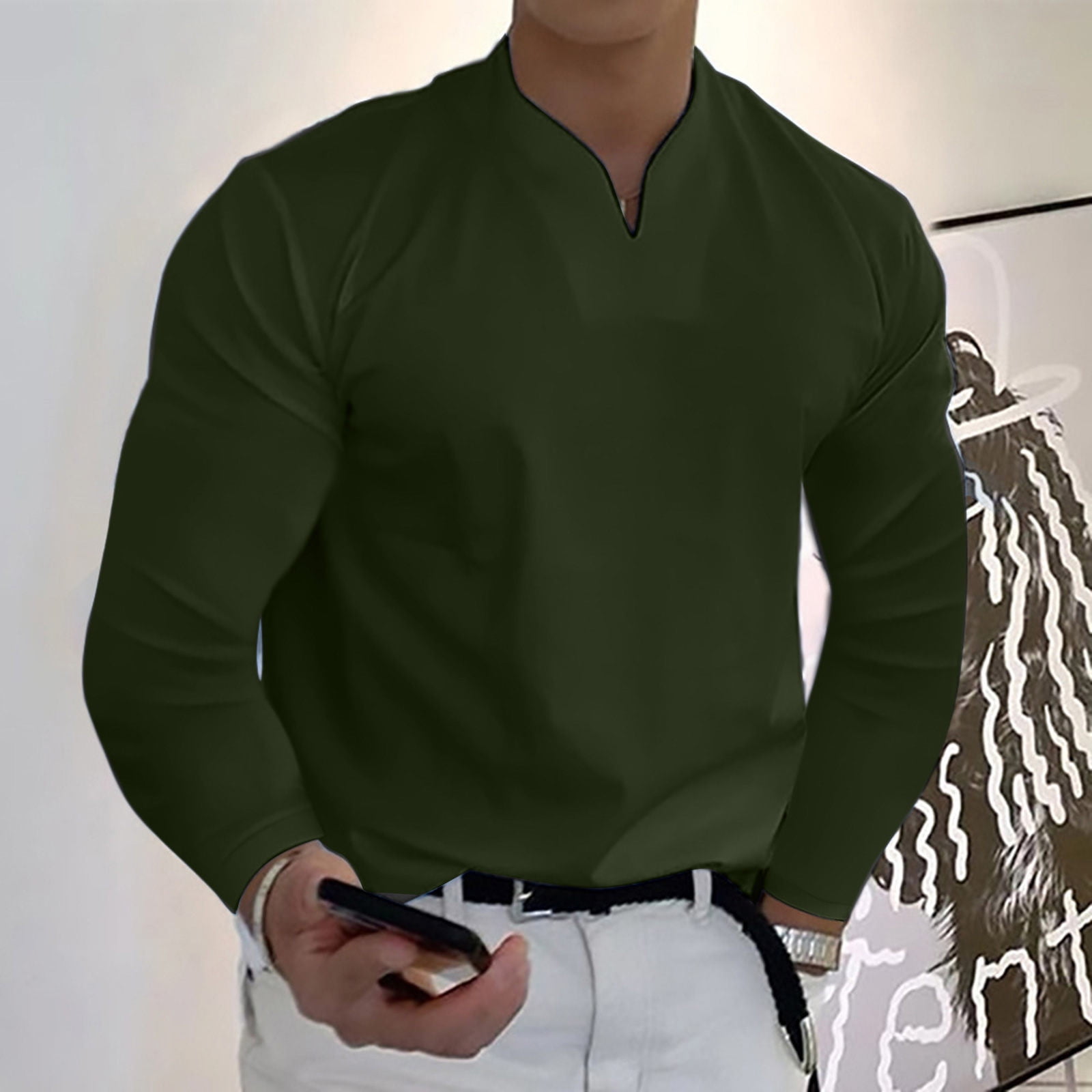 IYTR Mens Basic Tops Fashion Casual Slim Summer Solid Color V-Neck Long  Sleeve Shirts Casual Comfy Sport Shirt