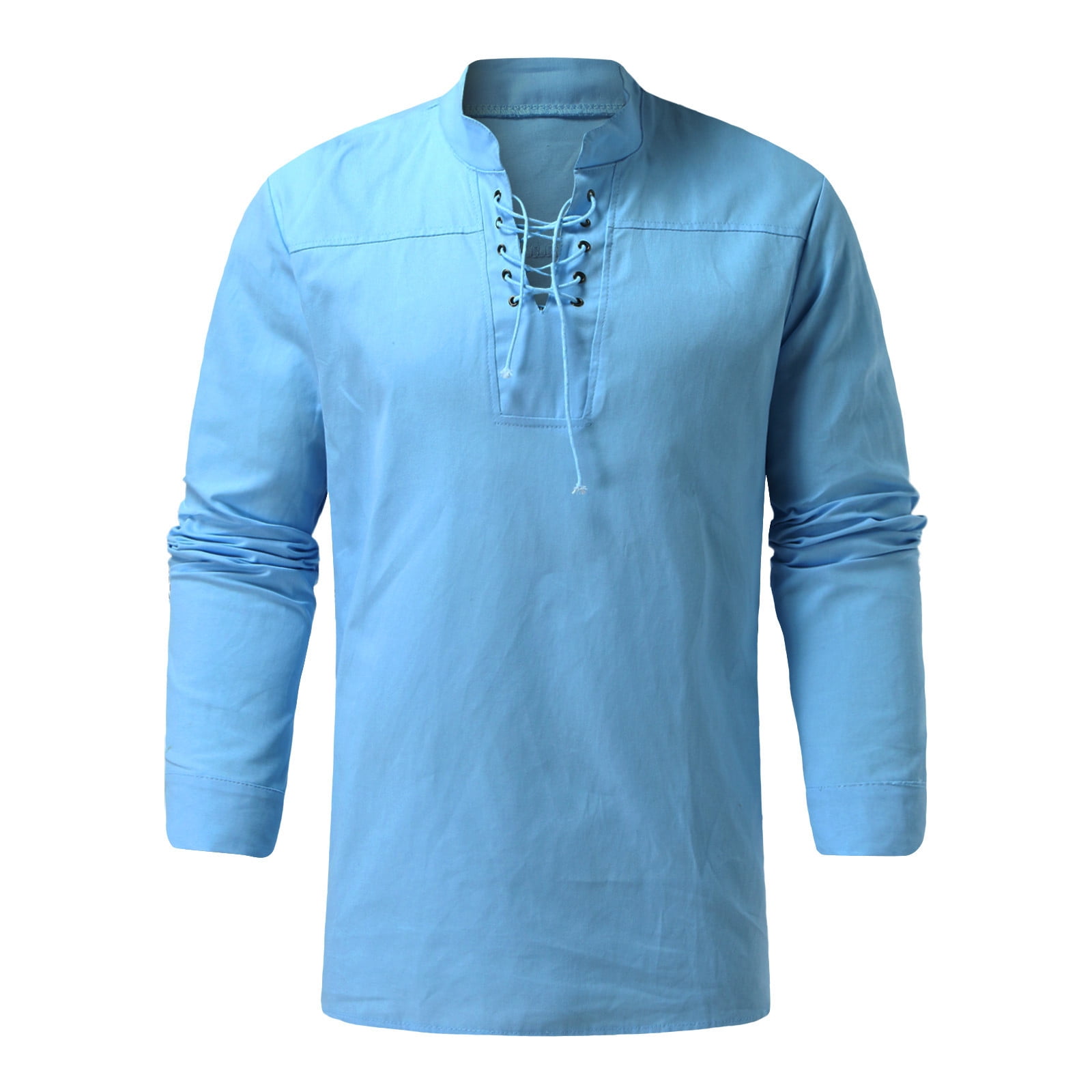 Mens vintage solid color stand collar long sleeve loose casual t shirt hot sale