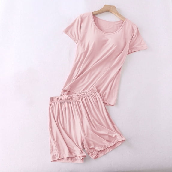Wensltd Pajamas Sets Womens Solid Color Short Sleeve with Pads Capri Pants Lightweight Sleepwear