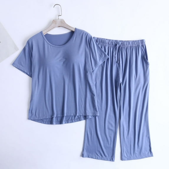 Wensltd Short Sleeve with Pads Pajamas Sets Womens Solid Color Capri Pants Lightweight Sleepwear
