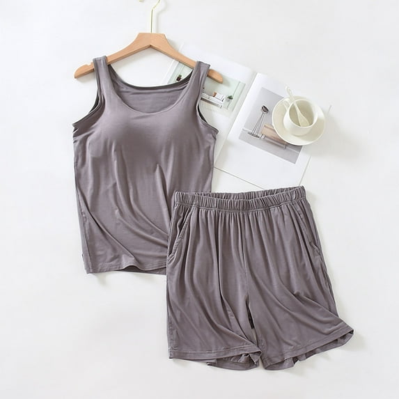 Wensltd Short Sleeve with Pads Pajamas Sets Womens Solid Color Capri Pants Lightweight Sleepwear