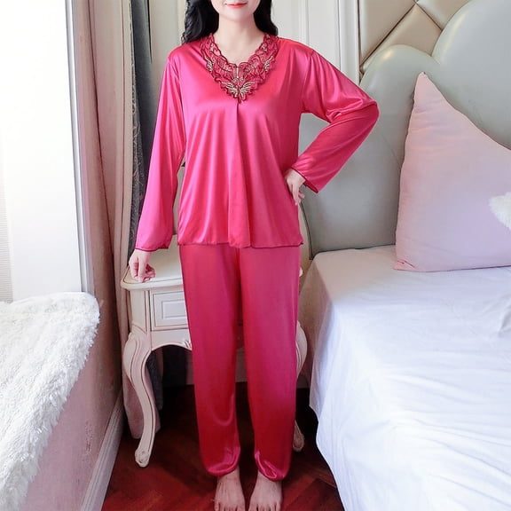 Wensltd Silk Pajamas for Women 2 Piece Pullover Top and Pants Fall Winter Soft Loose Sleepwear Sets