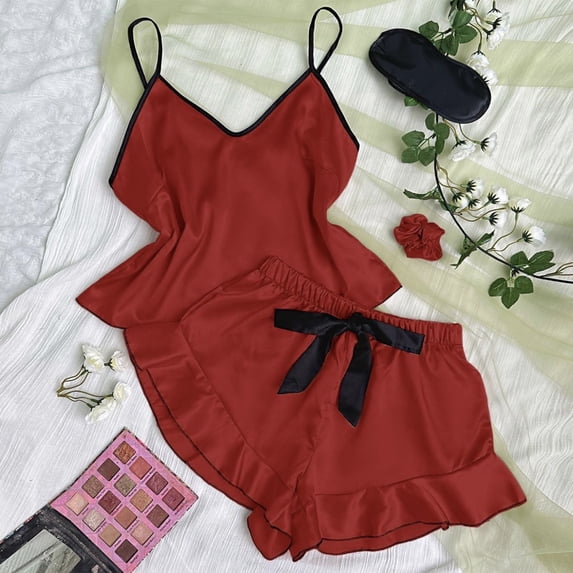 Wensltd Solid Color Pajamas for Women Slim Fit V-Neck Sleeveless Blouse and Shorts Casual Sleepwear