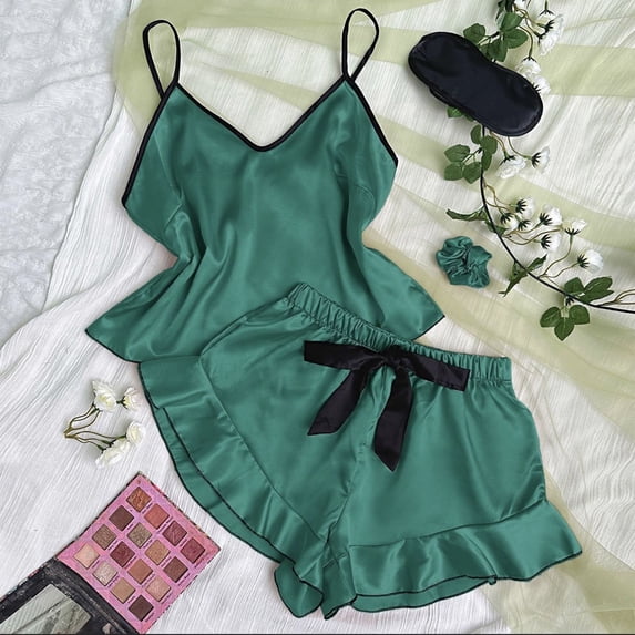 Wensltd Solid Color Pajamas for Women Slim Fit V-Neck Sleeveless Blouse and Shorts Casual Sleepwear