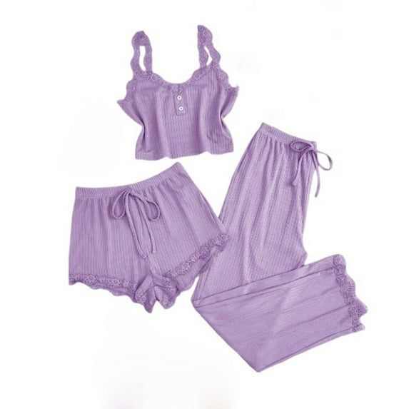 Wensltd Summer Lace Sleepwear Sets for Women 3 Pieces Casual Sleepwear Shorts Set Nightwear Home Clothes