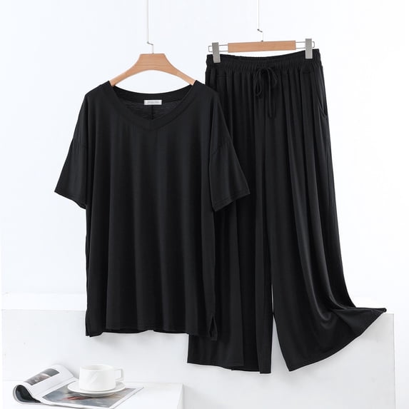Wensltd Summer Women's Loose Pajamas Set Soft Short Sleeve Top and Long Pants Lightweight Sleepwear Sets