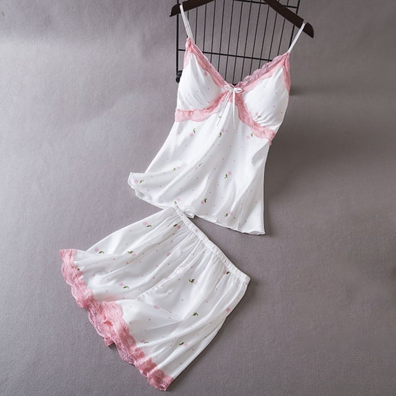 Wensltd White Camisole Pajamas for Women Casual V Neck Soft Sleepwear Set Shorts Nightwear