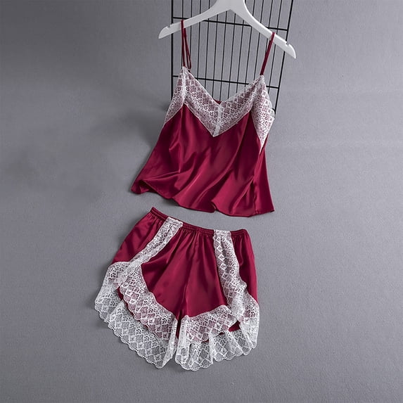 Wensltd Lace Camisole Pajamas for Women Soft Crop Top and Shorts Casual Sleepwear