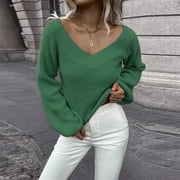 Simplmasygenix Women’s Casual Long Sleeve Sweaters Clearance Pullover Solid Sweater V-neck Loose Top d Sweater V-neck Sweater