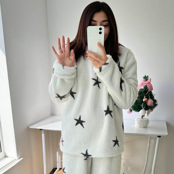 Wensltd Women's Cozy Wool Pajama Star Printing Fall Winter Loose Warm Sleepwear Home Clothes