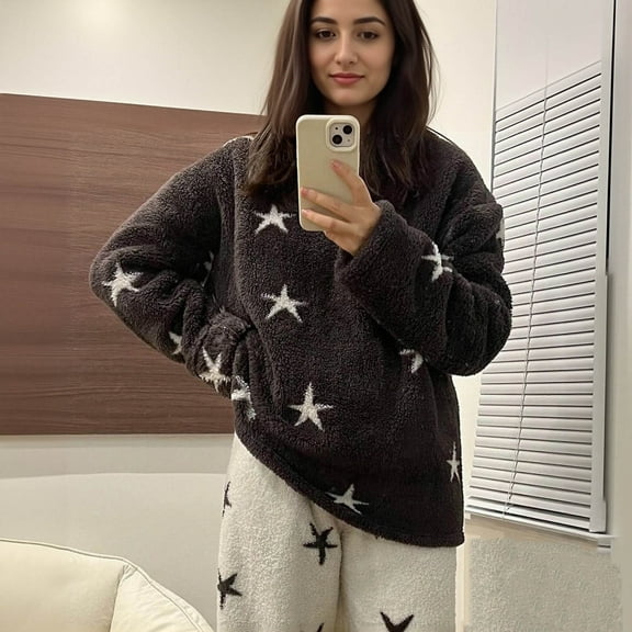 Wensltd Women's Cozy Wool Pajama Star Printing Fall Winter Loose Warm Sleepwear Home Clothes