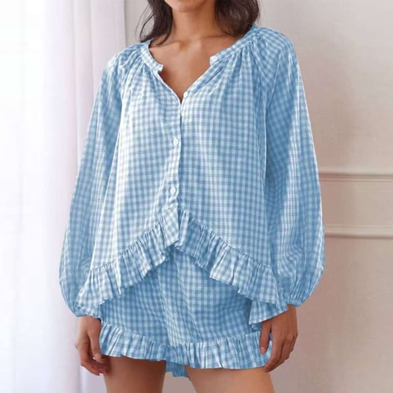 Wensltd Womens Loose Pajama Sets Fashion Ruffle Top and Shorts Soft Sleepwear Sets