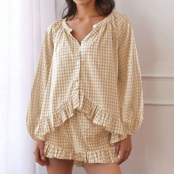 Wensltd Womens Loose Pajama Sets Fashion Ruffle Top and Shorts Soft Sleepwear Sets
