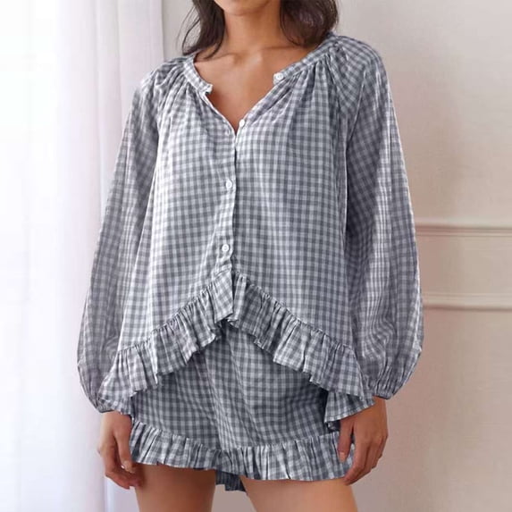 Wensltd Womens Loose Pajama Sets Fashion Ruffle Top and Shorts Soft Sleepwear Sets