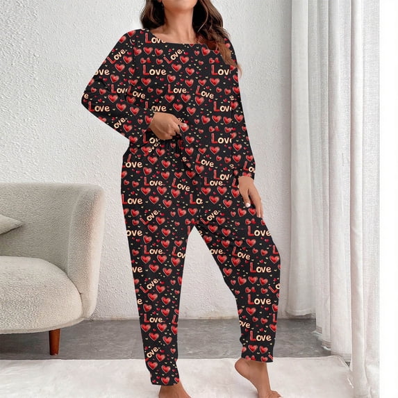 Wensltd Womens Plus Size Pajama Sets 2 Piece Printing Top and Pants Fall Winter Soft Loose Sleepwear Sets